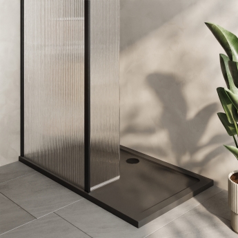 Delphi Accents Fluted Matt Black 8mm Wet Room Shower Screen & Hinged Return (inc Slate Grey Tray)