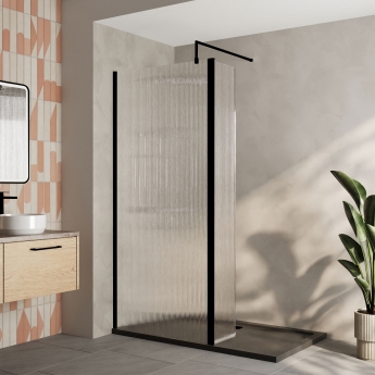 Delphi Accents Fluted Matt Black 8mm Wet Room Shower Screen & Hinged Return (inc Slate Grey Tray)