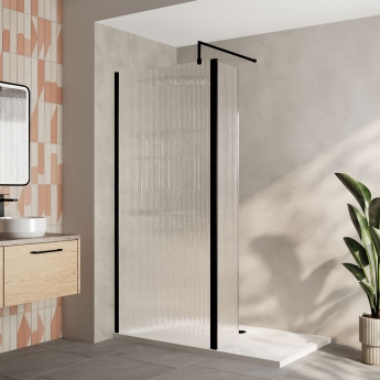 Delphi Accents Fluted Matt Black 8mm Wet Room Shower Screen & Hinged Return (inc White Tray)