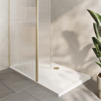 Delphi Accents Fluted Brushed Brass 8mm Wet Room Shower Screen & Hinged Return (inc White Tray)