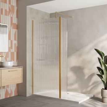 Delphi Accents Fluted Brushed Brass 8mm Wet Room Shower Screen & Hinged Return (inc White Tray)