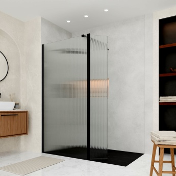 Delphi Accents Fluted Matt Black Wet Room Shower Screen with Return Panel | Product Image