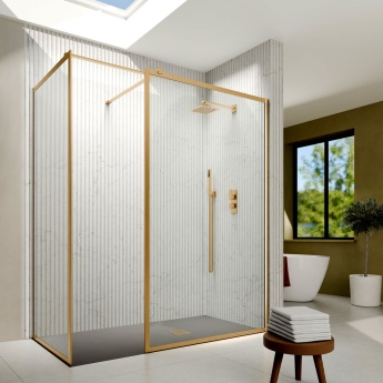 Delphi Accents Framed Brushed Brass Walk-In Shower Enclosure | Product Image