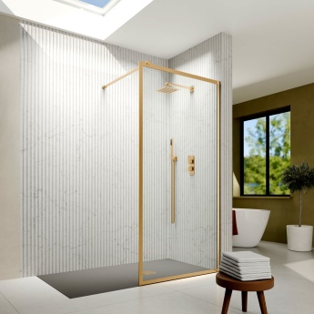 Delphi Accents Framed Brushed Brass Wet Room Shower Screen | Product Image