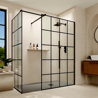 Delphi Accents Grid Matt Black Walk-In Shower Enclosure | Product Image