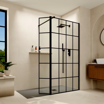 Delphi Accents Grid Matt Black Wet Room Shower Screen with Return Panel | Product Image