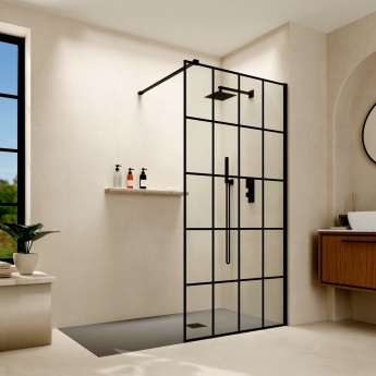 Delphi Accents Grid Matt Black Wet Room Shower Screen | Product Image