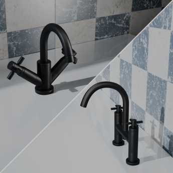 Delphi Axiom Crosshead Matt Black Basin Mixer and Bath Filler Tap Set (inc Press Top Waste) | Product Image