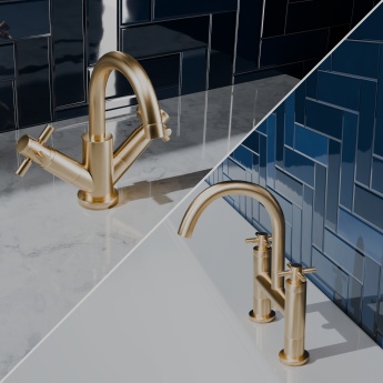 Delphi Axiom Crosshead Brushed Brass Basin Mixer and Bath Filler Tap Set (inc Press Top Waste) | Product Image
