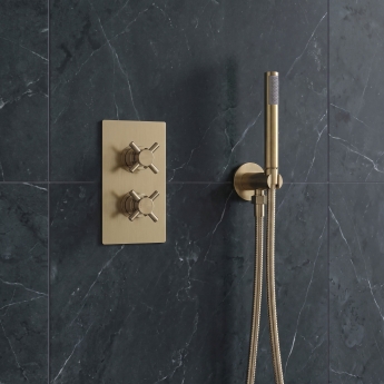 Delphi Axiom Crosshead Brushed Brass Dual Concealed Shower Set with Handset and Bracket | Product Image