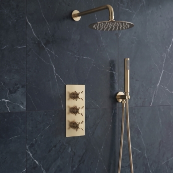 Delphi Axiom Crosshead Brushed Brass Triple Concealed Shower Set with Fixed Head and Handset | Product Image
