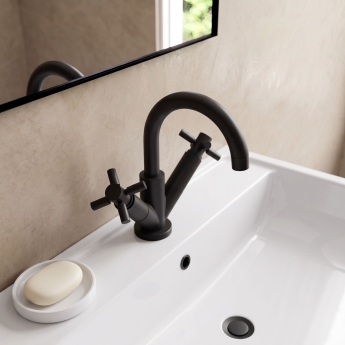 Delphi Axiom Crosshead Matt Black Swivel Spout Mono Basin Mixer Tap (inc Press Top Waste) | Product Image