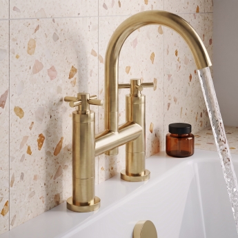 Delphi Axiom Crosshead Brushed Brass Swivel Spout Pillar Mounted Bath Filler Tap | Product Image
