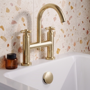 Delphi Axiom Crosshead Brushed Brass Swivel Spout Pillar Mounted Bath Filler Tap | Product Image