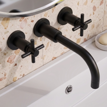Delphi Axiom Crosshead Matt Black 3-Hole Wall Mounted Basin Mixer Tap | Product Image
