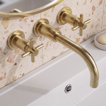 Delphi Axiom Crosshead Brushed Brass 3-Hole Wall Mounted Basin Mixer Tap | Product Image