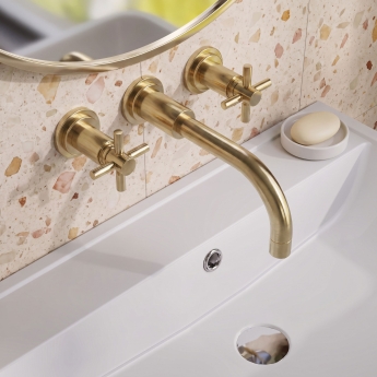 Delphi Axiom Crosshead Brushed Brass 3-Hole Wall Mounted Basin Mixer Tap | Product Image