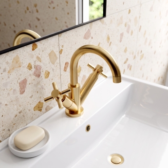 Delphi Axiom Crosshead Brushed Brass Swivel Spout Mono Basin Mixer Tap (inc Press Top Waste) | Product Image