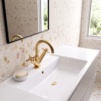 Delphi Axiom Crosshead Brushed Brass Swivel Spout Mono Basin Mixer Tap (inc Press Top Waste) | Product Image