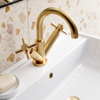 Delphi Axiom Crosshead Brushed Brass Swivel Spout Mono Basin Mixer Tap (inc Press Top Waste) | Product Image