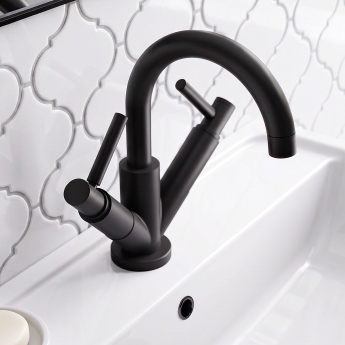 Delphi Axiom Dual Lever Matt Black Swivel Spout Mono Basin Mixer Tap (inc Press Top Waste) | Product Image
