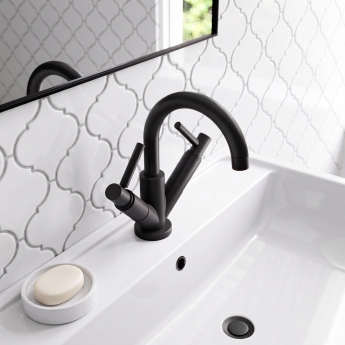 Delphi Axiom Dual Lever Matt Black Swivel Spout Mono Basin Mixer Tap (inc Press Top Waste) | Product Image
