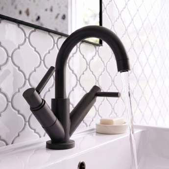 Delphi Axiom Dual Lever Matt Black Swivel Spout Mono Basin Mixer Tap (inc Press Top Waste) | Product Image