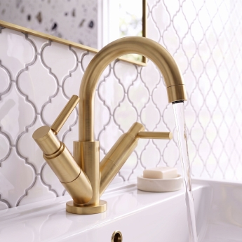 Delphi Axiom Dual Lever Brushed Brass Swivel Spout Mono Basin Mixer Tap (inc Press Top Waste) | Product Image