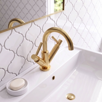 Delphi Axiom Dual Lever Brushed Brass Swivel Spout Mono Basin Mixer Tap (inc Press Top Waste) | Product Image