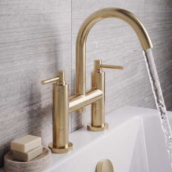 Delphi Axiom Dual Lever Brushed Brass Swivel Spout Pillar Mounted Bath Filler Tap | Product Image