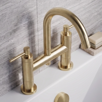 Delphi Axiom Dual Lever Brushed Brass Swivel Spout Pillar Mounted Bath Filler Tap | Product Image