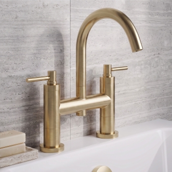 Delphi Axiom Dual Lever Brushed Brass Swivel Spout Pillar Mounted Bath Filler Tap | Product Image