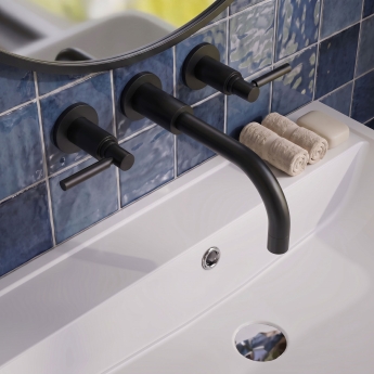 Delphi Axiom Dual Lever Matt Black 3-Hole Wall Mounted Basin Mixer Tap | Product Image