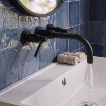 Delphi Axiom Dual Lever Matt Black 3-Hole Wall Mounted Basin Mixer Tap | Product Image