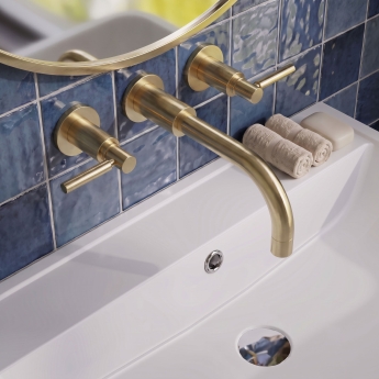 Delphi Axiom Dual Lever Brushed Brass 3-Hole Wall Mounted Basin Mixer Tap | Product Image