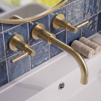 Delphi Axiom Dual Lever Brushed Brass 3-Hole Wall Mounted Basin Mixer Tap | Product Image