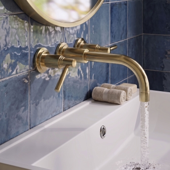 Delphi Axiom Dual Lever Brushed Brass 3-Hole Wall Mounted Basin Mixer Tap | Product Image