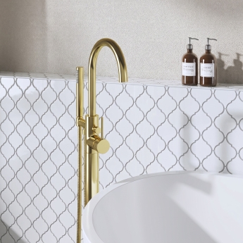 Delphi Axiom Lever Brushed Brass Floor Standing Bath Shower Mixer Tap (inc Kit) | Product Image