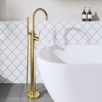Delphi Axiom Lever Brushed Brass Floor Standing Bath Shower Mixer Tap (inc Kit) | Product Image