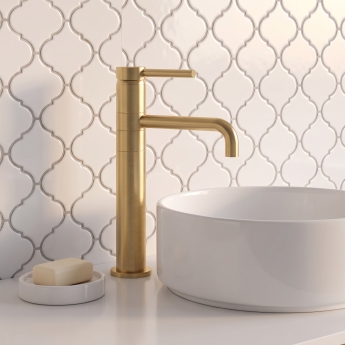 Delphi Axiom Lever Brushed Brass Swivel Spout High Rise Tall Basin Mixer Tap | Product Image