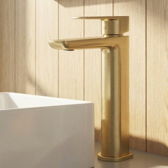 Delphi Dive Brushed Brass High Rise Tall Mono Basin Mixer Tap | Product Image
