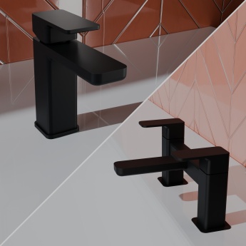 Delphi Edge Matt Black Basin Mixer and Bath Filler Tap Set (inc Press Top Waste) | Product Image