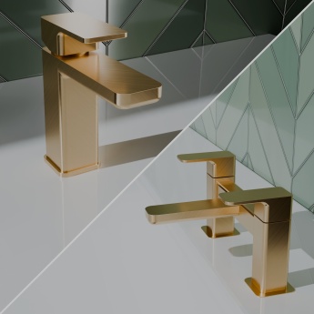 Delphi Edge Brushed Brass Basin Mixer and Bath Filler Tap Set (inc Press Top Waste) | Product Image