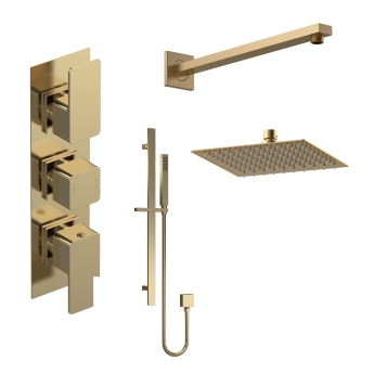 Delphi Edge Brushed Brass Triple Concealed Shower Set with Fixed Head and Slide Rail Kit | Product Image