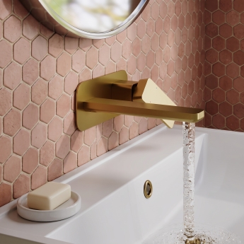 Delphi Edge Brushed Brass 2-Hole Wall Mounted Basin Mixer Tap (inc Backplate) | Product Image