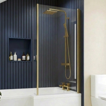 Delphi Elements Brushed Brass Hinged L-Shaped Shower Bath Screen 1430mm x 795mm | Product Image
