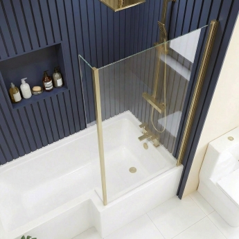Delphi Elements Brushed Brass Hinged L-Shaped Shower Bath Screen 1430mm x 795mm | Product Image