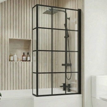 Delphi Elements Black Grid Hinged L-Shaped Shower Bath Screen 1430mm x 795mm | Product Image