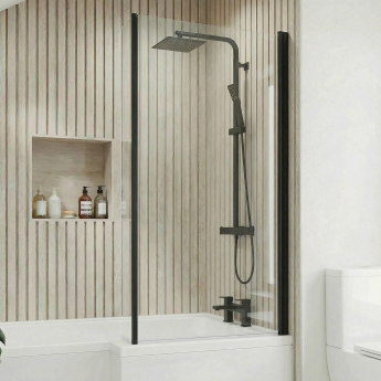 Delphi Elements Matt Black Hinged L-Shaped Shower Bath Screen 1430mm x 795mm | Product Image
