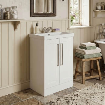 Delphi Grange Satin White 500mm 2-Door Floor Standing Vanity Unit with Basin | Product Image